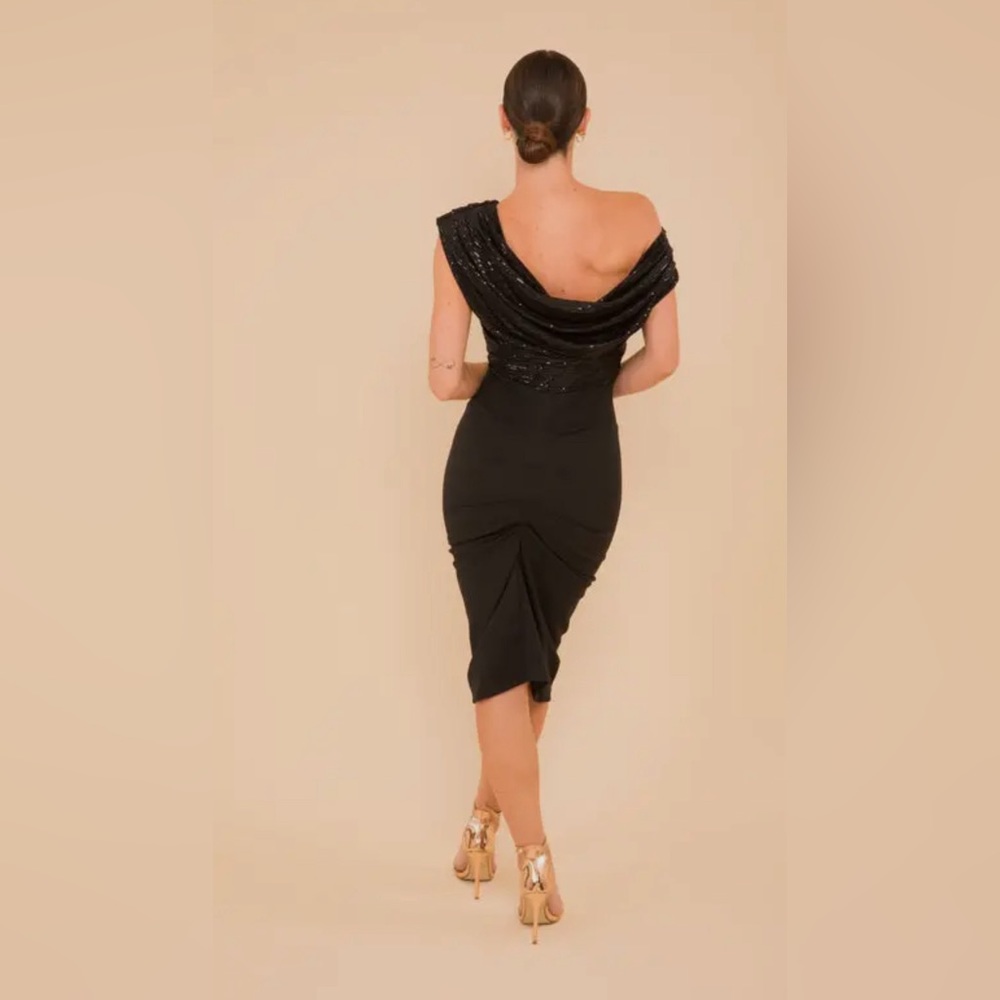 SHOWSTOPPER 💫 ATOM LABEL shimmering carbon jersey dress black sparkle NWOT - Picture 8 of 13